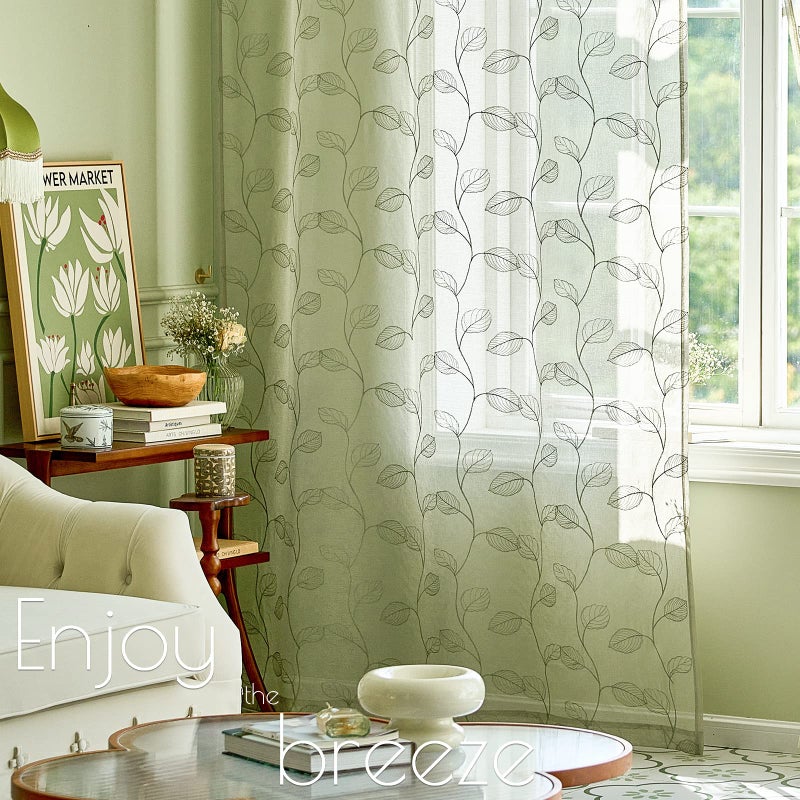 Lazzzy Sage Sheer Curtains Leaf Embroidered 96 Inch Long for Living Room Bedroom Rod Pocket Voile Window Drapes 2 Panels - Image 5